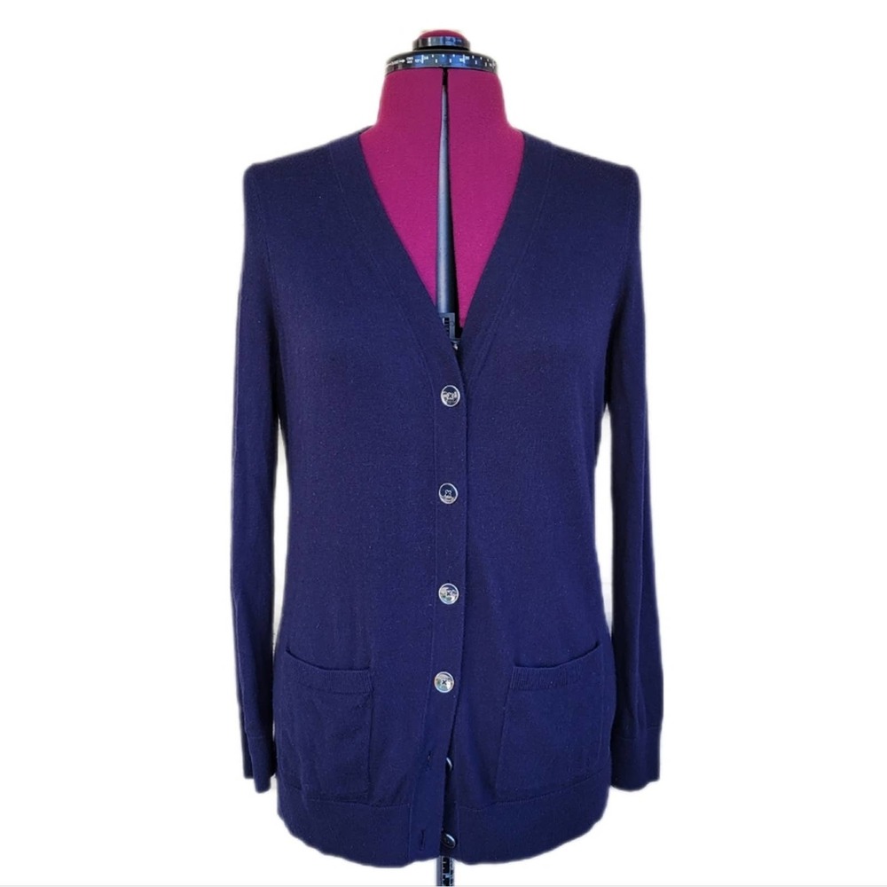 Talbots Navy Blue V-Neck Button Down Long Line Lightweight Cardigan sz M